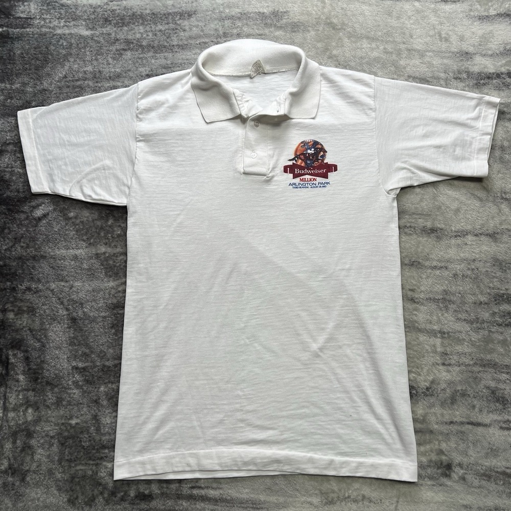 Vintage 80s 1983 Budweiser Million Arlington Park Horse Race Polo Shirt Men's L